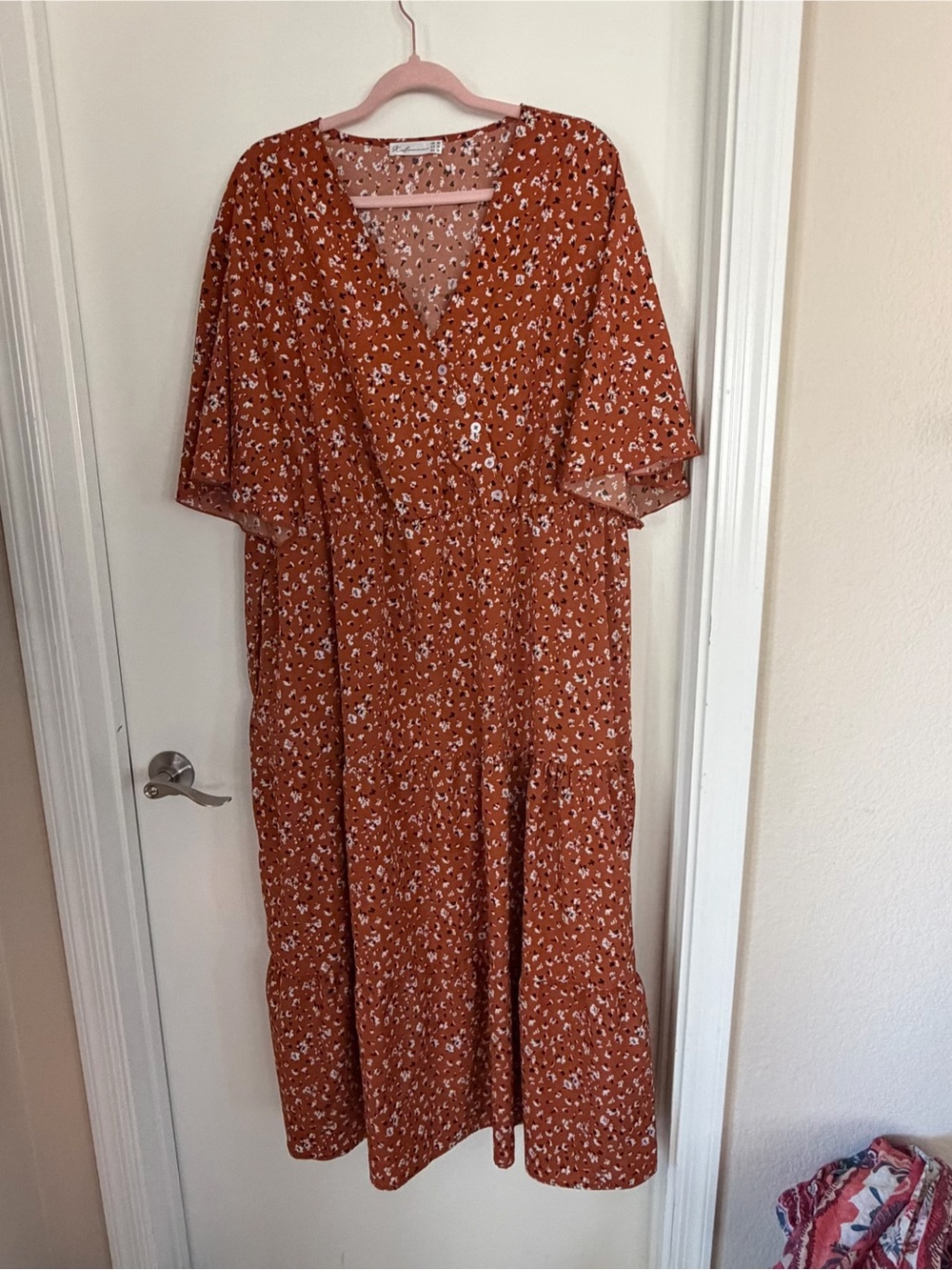 Rust Floral Wrap-Style Maxi Dress